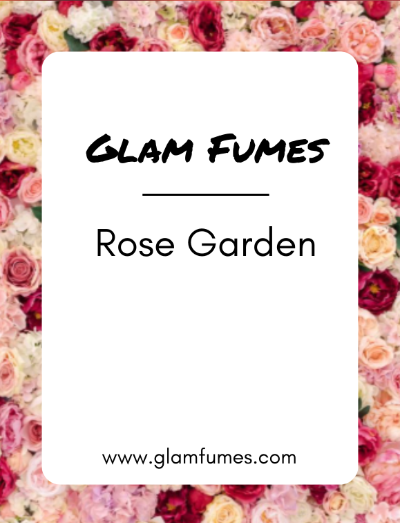 A product image featuring a white bottle of Rose Garden perfume with a label displaying the brand name and product title, set against a background of various roses.