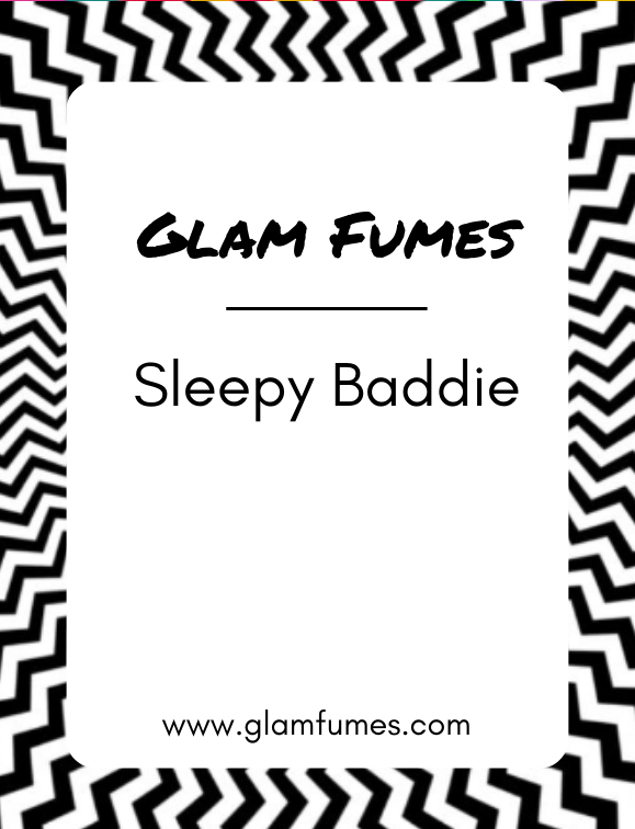 A card with a geometric pattern in black and white, featuring the text 'Glam Fumes' and 'Sleepy Baddie' perfume and body oil in a bold font.
