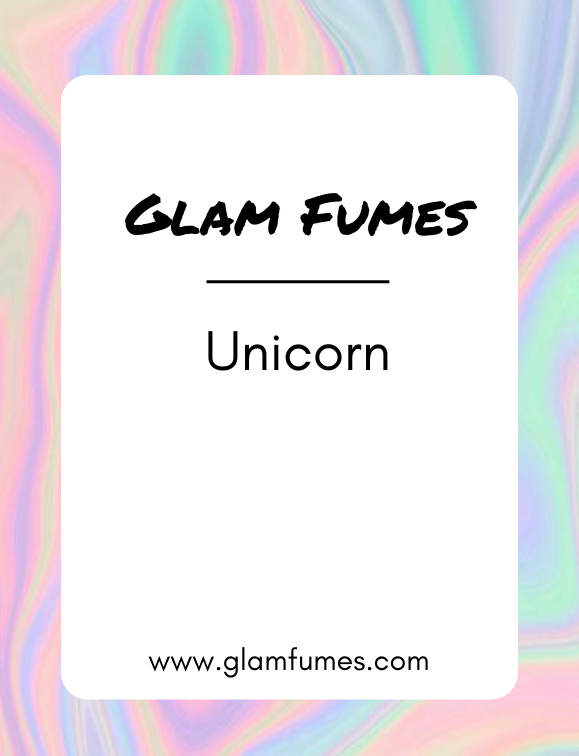 A colorful card with 'Glam Fumes' branding and the word 'Unicorn' perfume and body oil written on it, representing a product related to the fragrance 'Unicorn'.