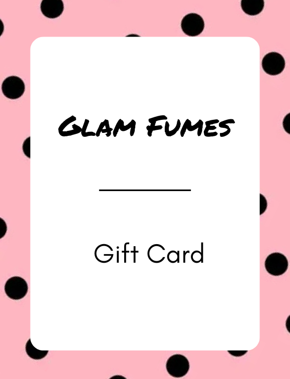 An electronic gift card from Glam Fumes with a pink background and black polka dots. The card has the brand name 'Glam Fumes' written on it and is labeled as a gift card.