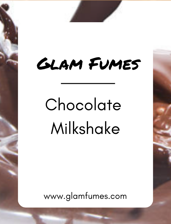 Label of Glam Fumes Chocolate Milkshake perfume, featuring a close-up of chocolate poured on a surface with the text 'Chocolate Milkshake' and the brand's website.