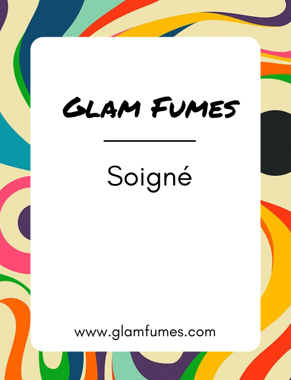 A colorful abstract design background with the text 'Glam Fumes - Soigné' perfume and body oil and the website 'www.glamfumes.com' displayed.