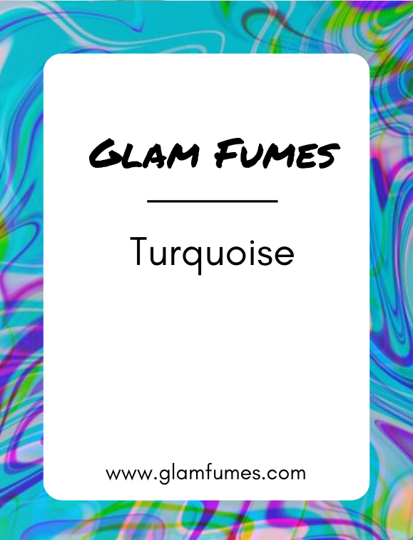 A product image featuring a bottle of perfume with a label that reads 'Glam Fumes Turquoise' perfume and body oil. The background has a colorful, abstract pattern.