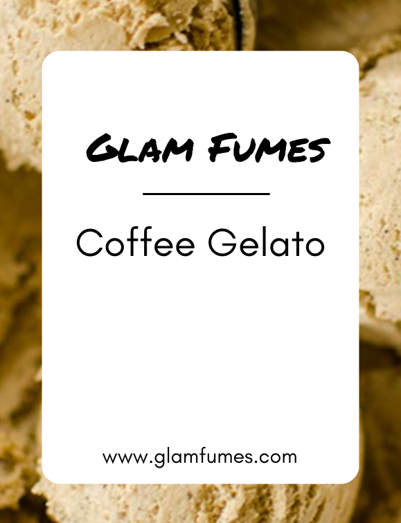The image shows a close-up of a perfume and body oil product label for Glam Fumes Coffee Gelato, with text overlay and a background of ice cream scoops.