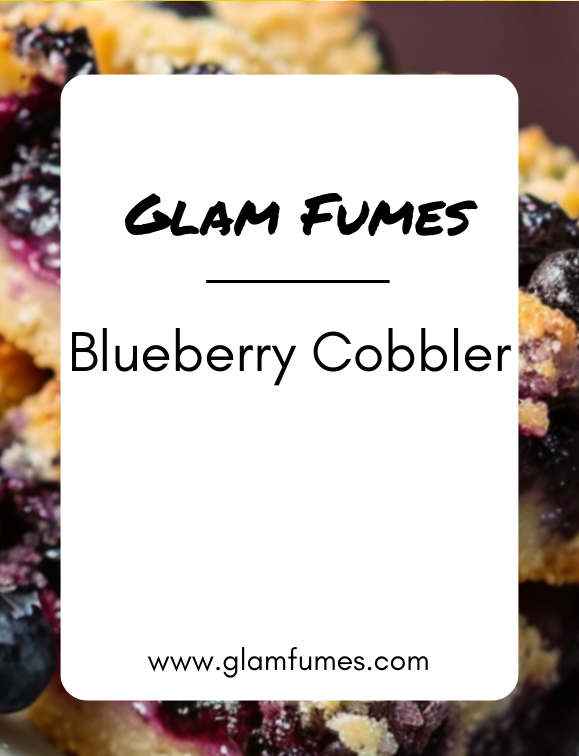 Product image for Blueberry Cobbler perfume and body oil by Glam Fumes, showing a slice of blueberry cobbler with the text 'Glam Fumes' and 'Blueberry Cobbler' on top.