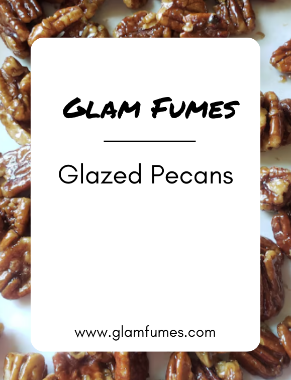A bottle of perfume and body oil with the label 'Glazed Pecans' from the brand Glam Fumes, presented on a background of glazed pecans.