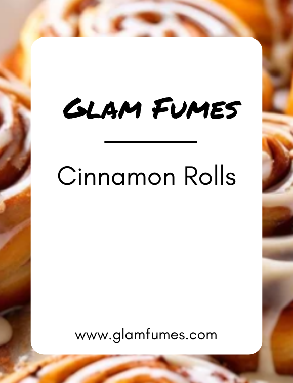 Product image for Glam Fumes Cinnamon Rolls perfume and body oil, showing the brand's logo and the product name with an image of cinnamon rolls in the background.