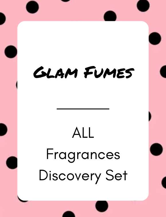 Product image for a fragrance discovery set, with the brand name 'Glam Fumes' displayed at the top and the product name 'ALL Fragrances Discovery Set' below. The background is pink with black dots.