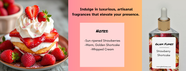 Strawberry shortcake with whipped cream and strawberries. Glam Fumes Strawberry Shortcake perfume and body oil bottle.