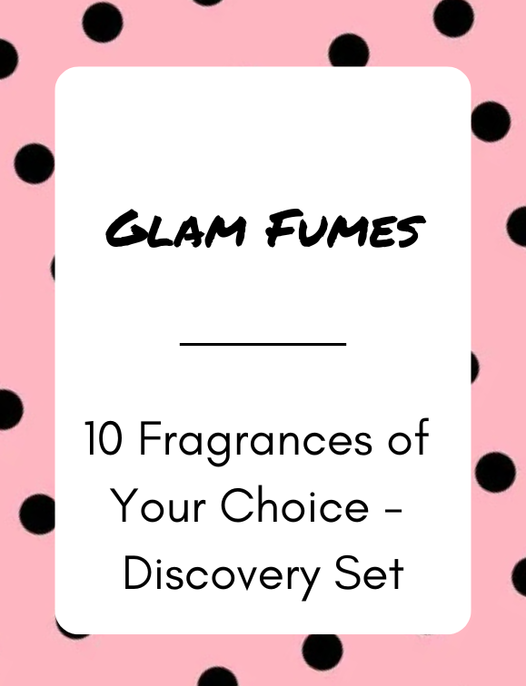 Product packaging for 'Glam Fumes' fragrance discovery set with a pink and black polka dot pattern.